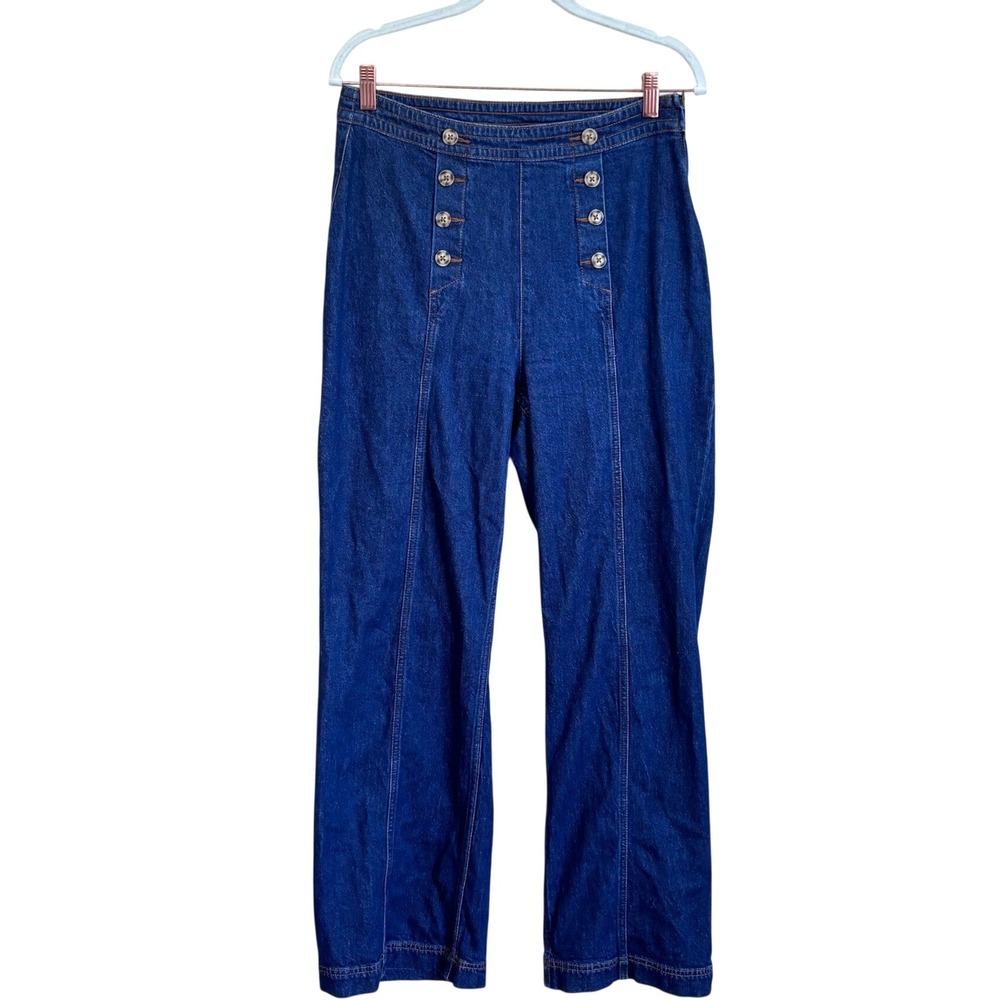 ON 34th Women Sailor Wide Leg Jeans 8 29 Blue Denim Nautical High Rise Fisherman